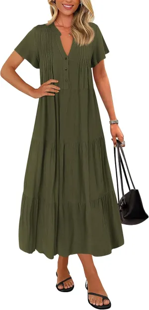 KIRUNDO Summer Maxi Dresses for Women 2025 Spring Fashion Short Sleeve Button V Neck Pleated Loose Tiered Swing Flowy Dress