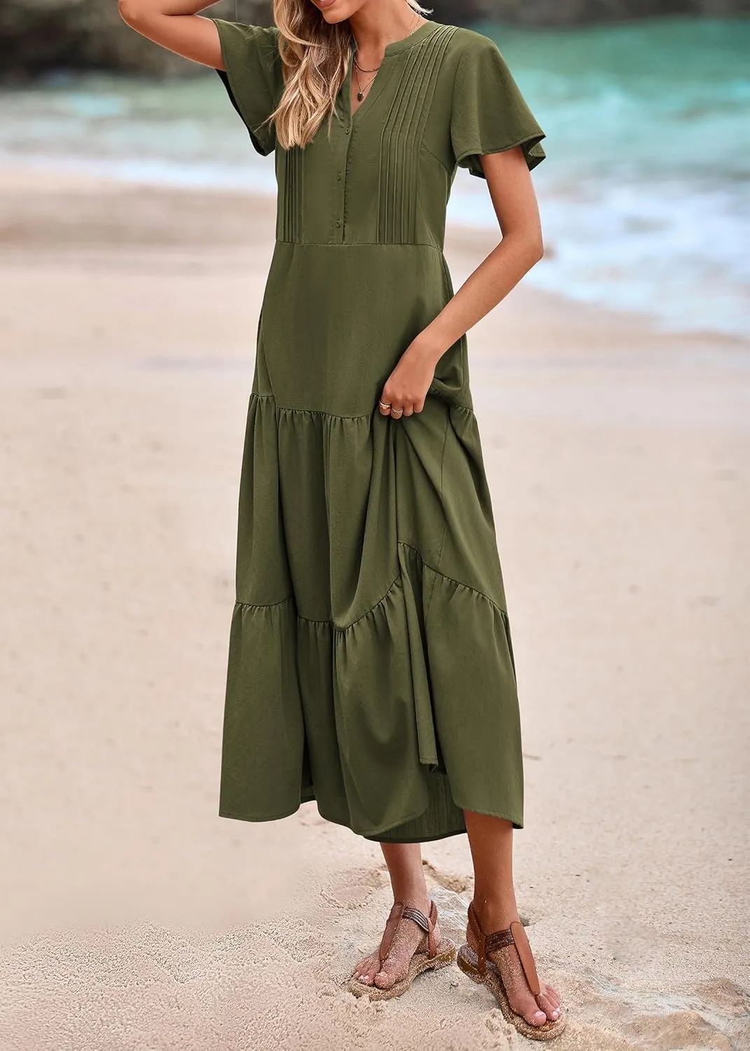 KIRUNDO Summer Maxi Dresses for Women 2025 Spring Fashion Short Sleeve Button V Neck Pleated Loose Tiered Swing Flowy Dress