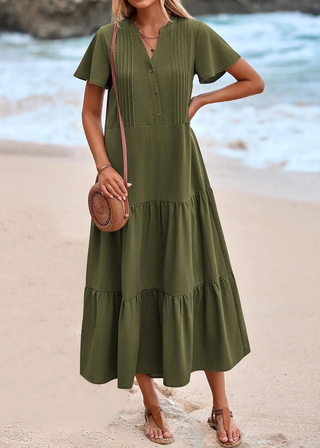 KIRUNDO Summer Maxi Dresses for Women 2025 Spring Fashion Short Sleeve Button V Neck Pleated Loose Tiered Swing Flowy Dress