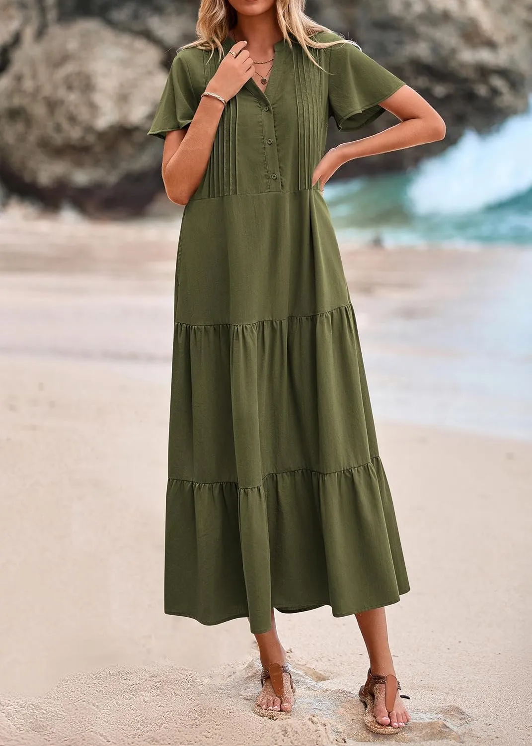 KIRUNDO Summer Maxi Dresses for Women 2025 Spring Fashion Short Sleeve Button V Neck Pleated Loose Tiered Swing Flowy Dress