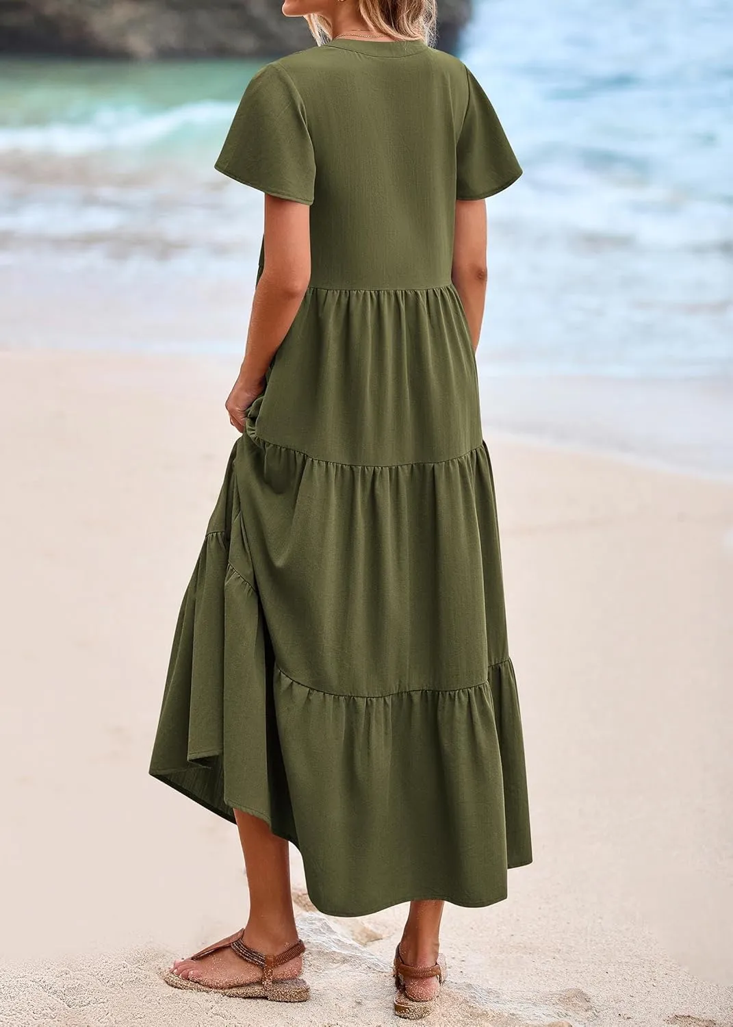 KIRUNDO Summer Maxi Dresses for Women 2025 Spring Fashion Short Sleeve Button V Neck Pleated Loose Tiered Swing Flowy Dress