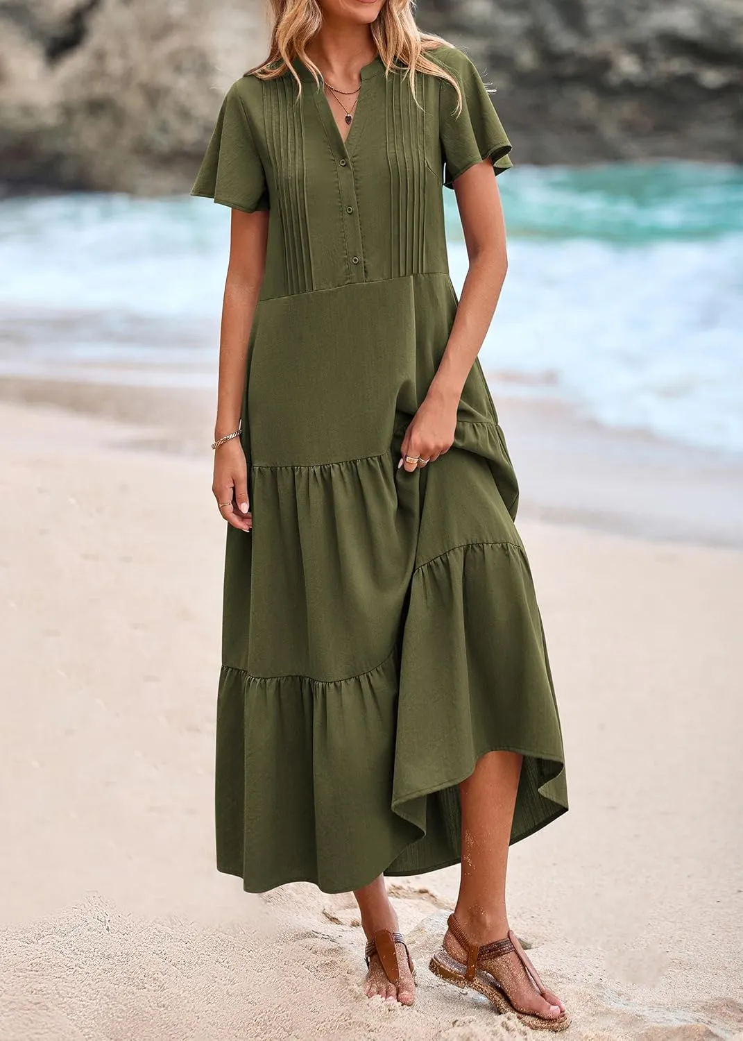 KIRUNDO Summer Maxi Dresses for Women 2025 Spring Fashion Short Sleeve Button V Neck Pleated Loose Tiered Swing Flowy Dress