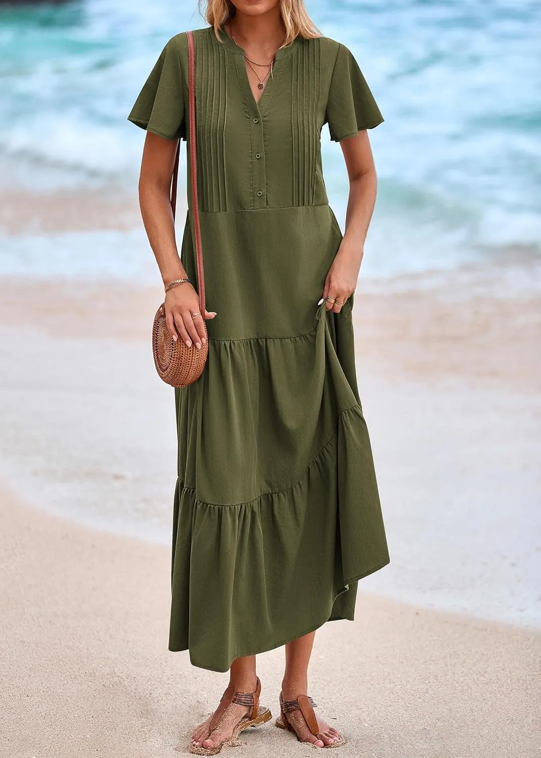 KIRUNDO Summer Maxi Dresses for Women 2025 Spring Fashion Short Sleeve Button V Neck Pleated Loose Tiered Swing Flowy Dress
