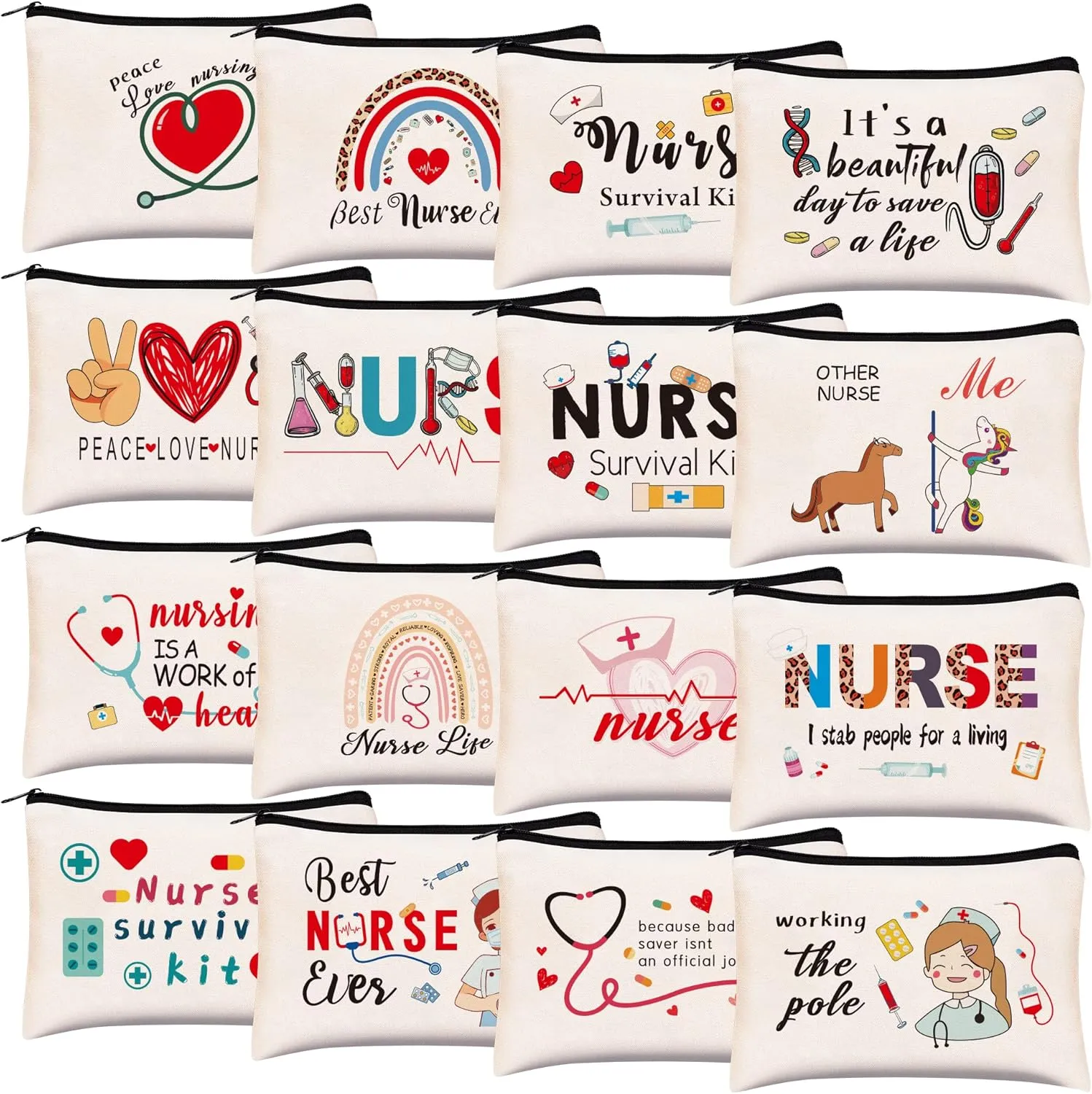 Kolewo4ever 16 Pieces Nurse Survival Kit Nurse Practitioner Gifts Nurse Appreciation Gifts CNA Week Gifts Nursing Makeup Bags Cosmetic Funny Travel Pouch Bag for Women Nurses