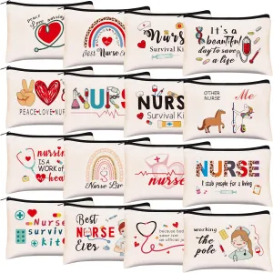 Kolewo4ever 16 Pieces Nurse Survival Kit Nurse Practitioner Gifts Nurse Appreciation Gifts CNA Week Gifts Nursing Makeup Bags Cosmetic Funny Travel Pouch Bag for Women Nurses