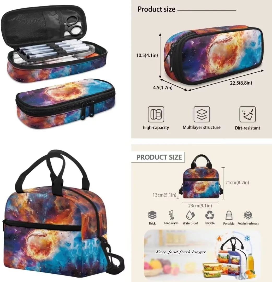Kuiaobaty Baseball 17 Inches Book Bag for Kids Stylish School Bag with Lunch Bag Large Capacity Backpack Set with Pencil Bag Lightweight Lapatop Backpack Gift for Back to School