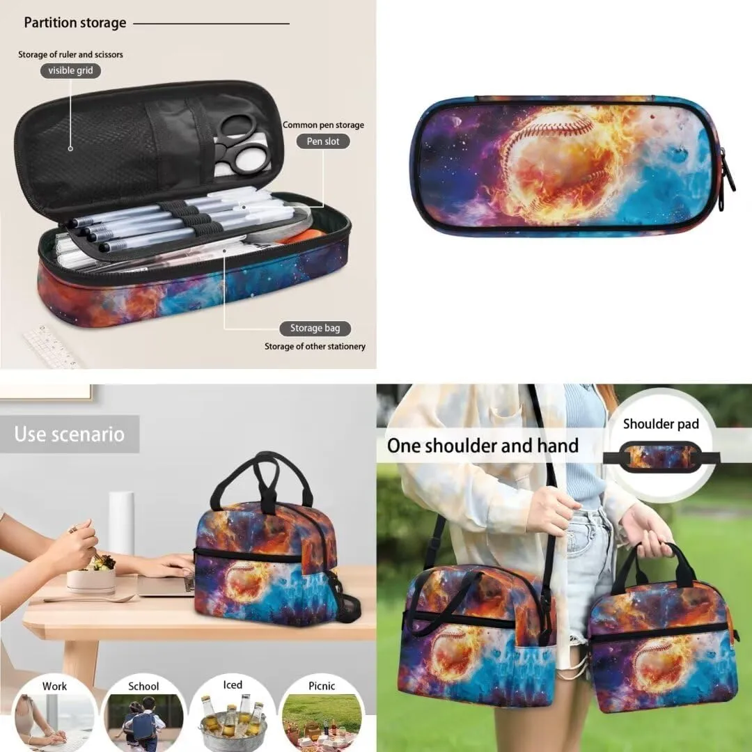 Kuiaobaty Baseball 17 Inches Book Bag for Kids Stylish School Bag with Lunch Bag Large Capacity Backpack Set with Pencil Bag Lightweight Lapatop Backpack Gift for Back to School