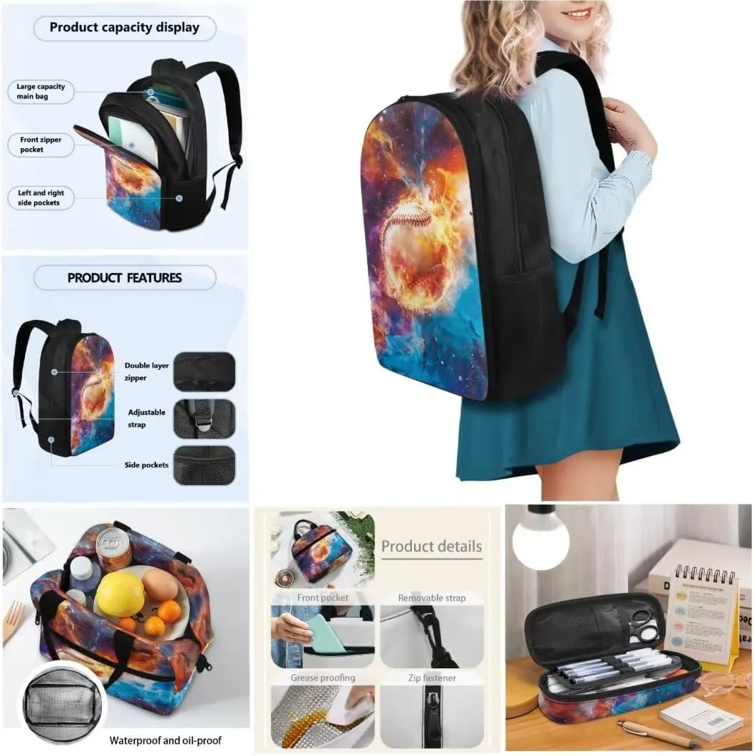 Kuiaobaty Baseball 17 Inches Book Bag for Kids Stylish School Bag with Lunch Bag Large Capacity Backpack Set with Pencil Bag Lightweight Lapatop Backpack Gift for Back to School