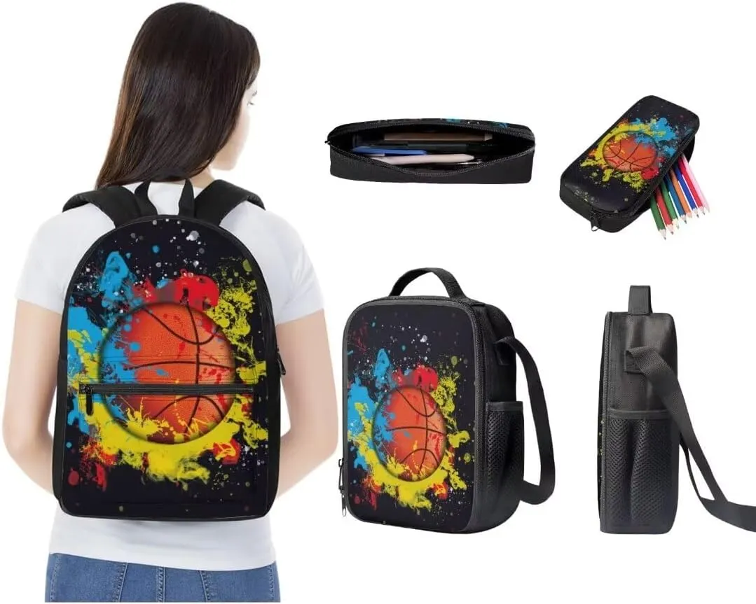 Kuiaobaty Basketball Boy 15 Inches School Bag with Lunch Bag Stylish Backpack and Pencil Bag for Kids Large Capacity Book Bag with Front Pockets Gift for Back to School
