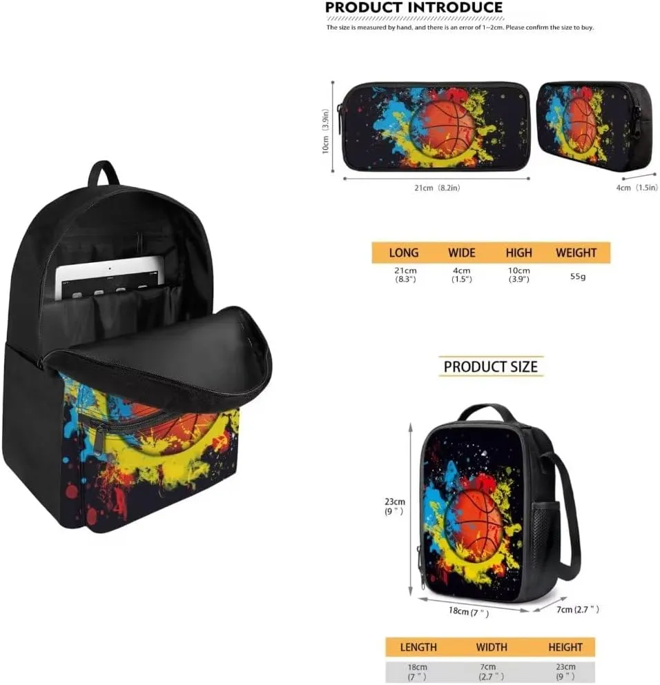 Kuiaobaty Basketball Boy 15 Inches School Bag with Lunch Bag Stylish Backpack and Pencil Bag for Kids Large Capacity Book Bag with Front Pockets Gift for Back to School