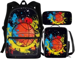 Kuiaobaty Basketball Boy 15 Inches School Bag with Lunch Bag Stylish Backpack and Pencil Bag for Kids Large Capacity Book Bag with Front Pockets Gift for Back to School