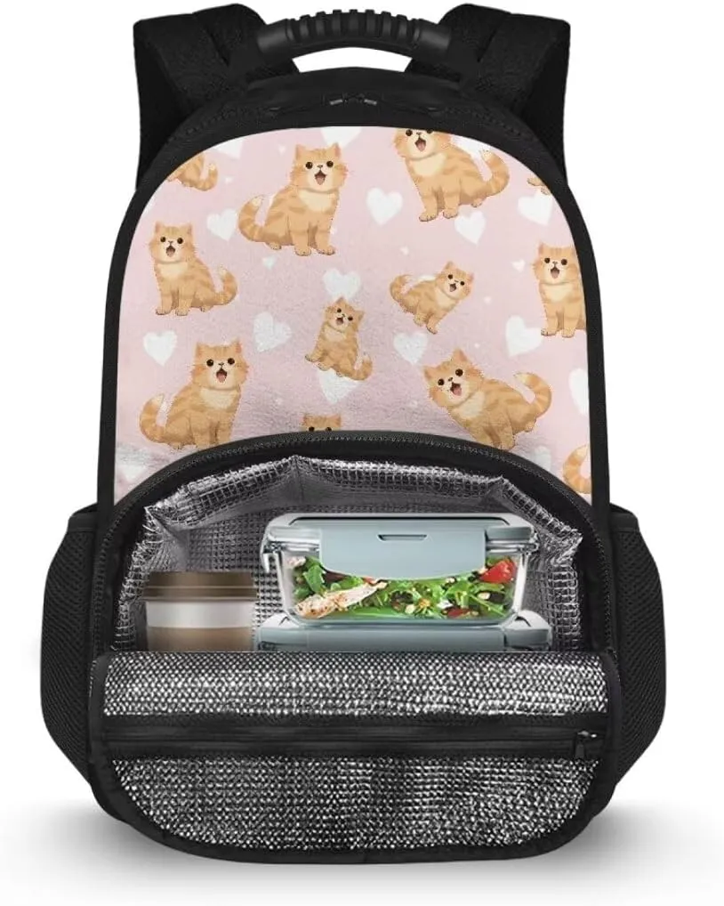 Kuiaobaty Cat Kids Backpack with Cooler Compartment Cartoon Backpack Lunch Bag with Zipper Work Business Carry On Lapatop Backpack 17 Inches School Bag for Teens Gift for Back to School
