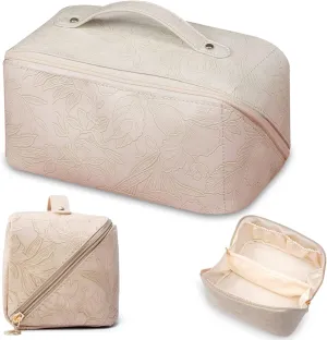 Large Travel Makeup Bag Waterproof PU Leather Cosmetic Bag with Handle, Divider, and Flat Opening for Easy Access Portable Toiletry Bag Spacious Cosmetic Organizer for Women and Girls
