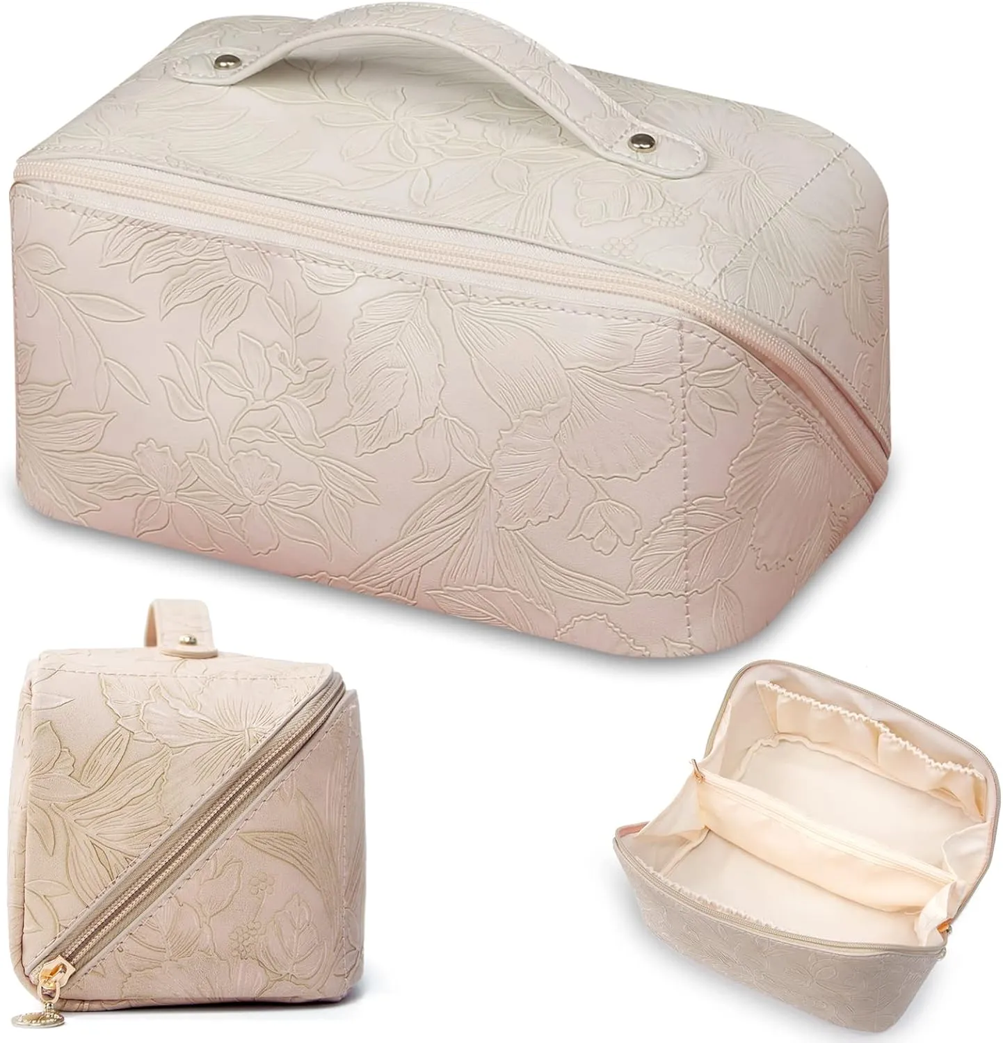 Large Travel Makeup Bag Waterproof PU Leather Cosmetic Bag with Handle, Divider, and Flat Opening for Easy Access Portable Toiletry Bag Spacious Cosmetic Organizer for Women and Girls