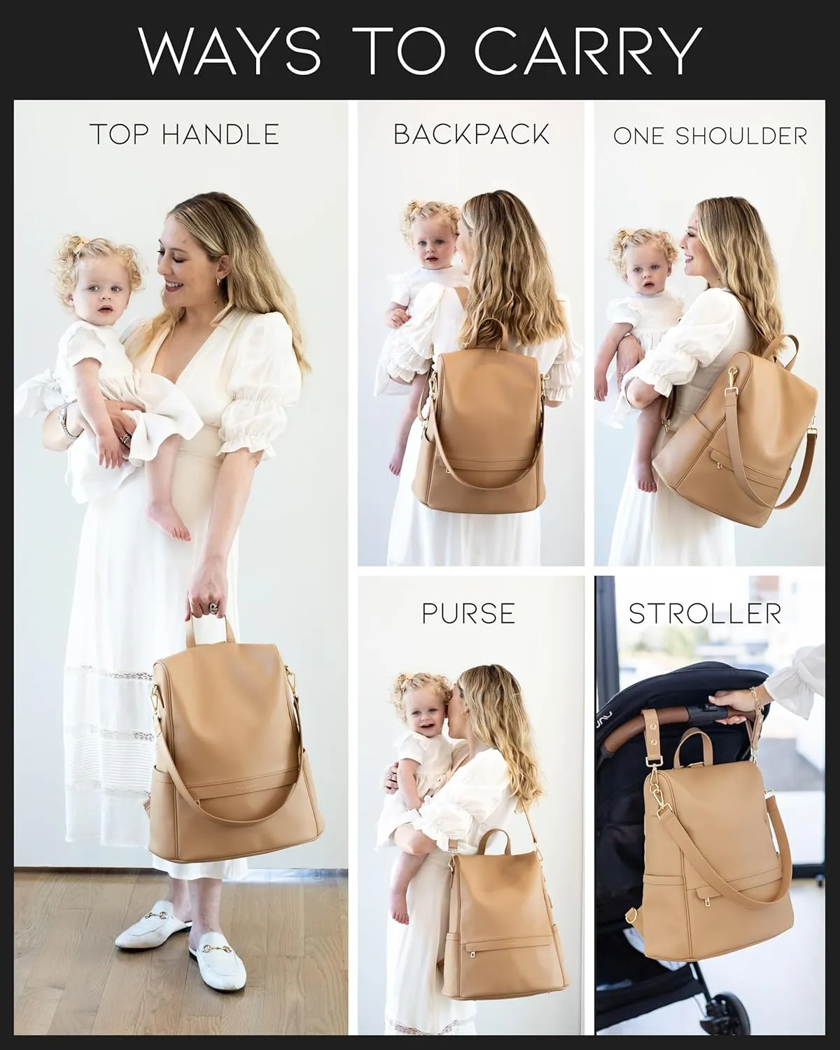 Leather Diaper Bag Backpack with USB Charging port, Changing Pad, Stroller Straps, and Bottle Holder (Brown Mia)