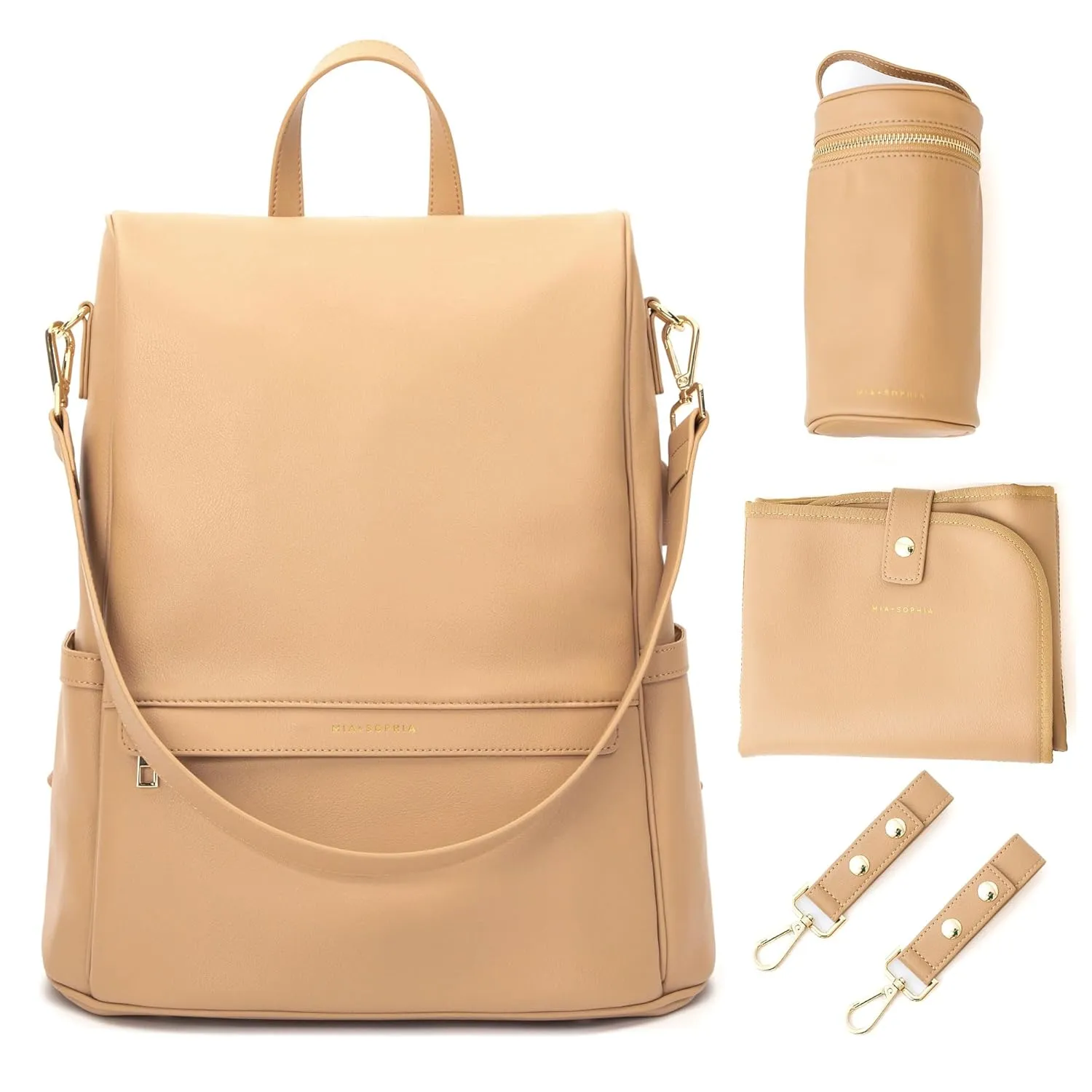 Leather Diaper Bag Backpack with USB Charging port, Changing Pad, Stroller Straps, and Bottle Holder (Brown Mia)