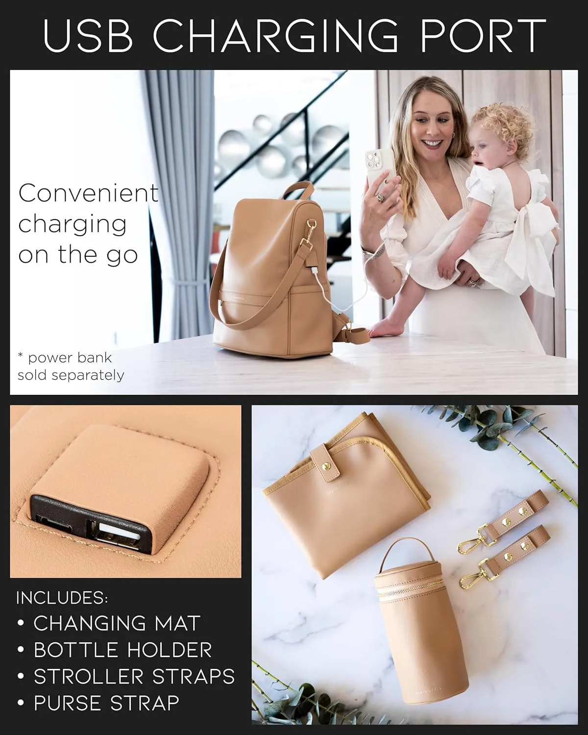 Leather Diaper Bag Backpack with USB Charging port, Changing Pad, Stroller Straps, and Bottle Holder (Brown Mia)