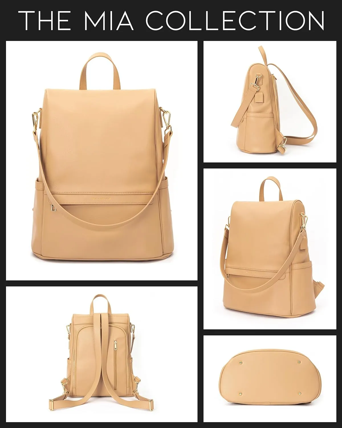 Leather Diaper Bag Backpack with USB Charging port, Changing Pad, Stroller Straps, and Bottle Holder (Brown Mia)