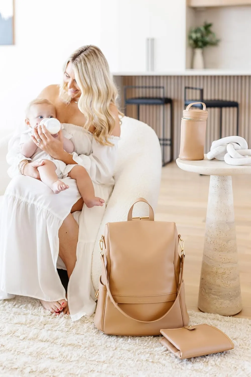 Leather Diaper Bag Backpack with USB Charging port, Changing Pad, Stroller Straps, and Bottle Holder (Brown Mia)