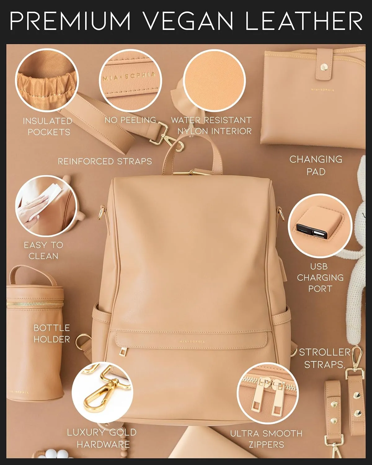 Leather Diaper Bag Backpack with USB Charging port, Changing Pad, Stroller Straps, and Bottle Holder (Brown Mia)