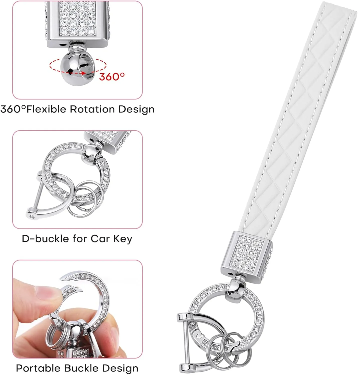 Leather Wristlet Keychain for Women, Keychain Wristlet Car Key Chain with 2 Key Ring and Anti-Lost D Ring