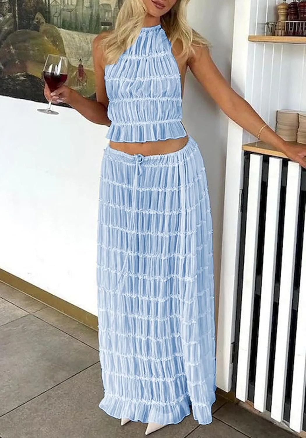 LETSVDO Skirt Sets Women 2 Piece Outfits Backless Halter Top And Pleated Ruffle Flowy Maxi Skirts Y2k Beach Vacation Set