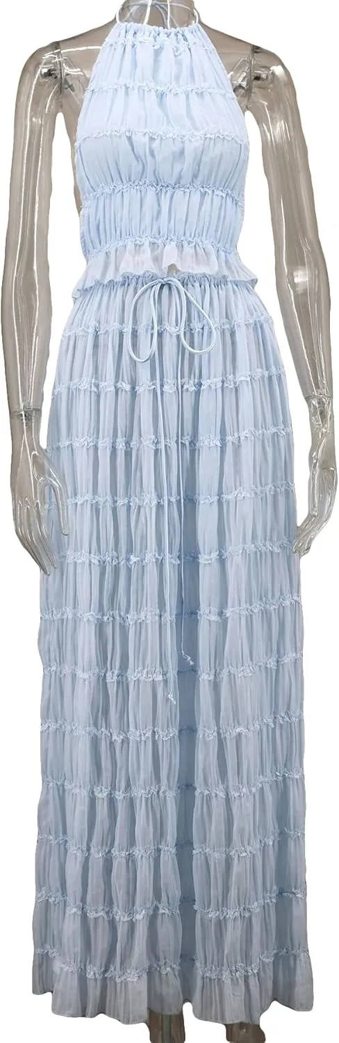 LETSVDO Skirt Sets Women 2 Piece Outfits Backless Halter Top And Pleated Ruffle Flowy Maxi Skirts Y2k Beach Vacation Set
