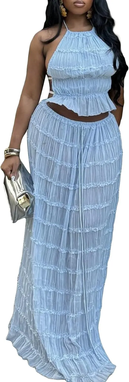 LETSVDO Skirt Sets Women 2 Piece Outfits Backless Halter Top And Pleated Ruffle Flowy Maxi Skirts Y2k Beach Vacation Set
