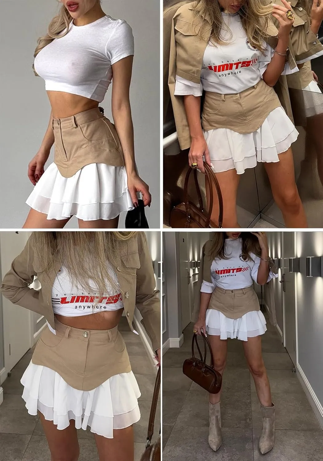 LETSVDO Women's Patchwork Denim Mini Skirt High Waisted Y2k Pleated Ruffle Layered A Line Jean Short Skirts