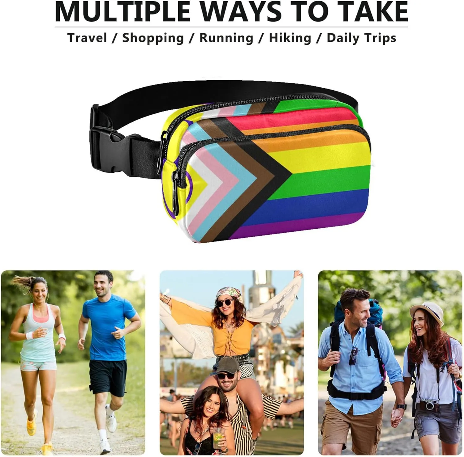 LGBT Pride Flag Rainbow Fanny Packs for Women Colorful Large Hip Belt Bag Waterproof Waist Bag for Women