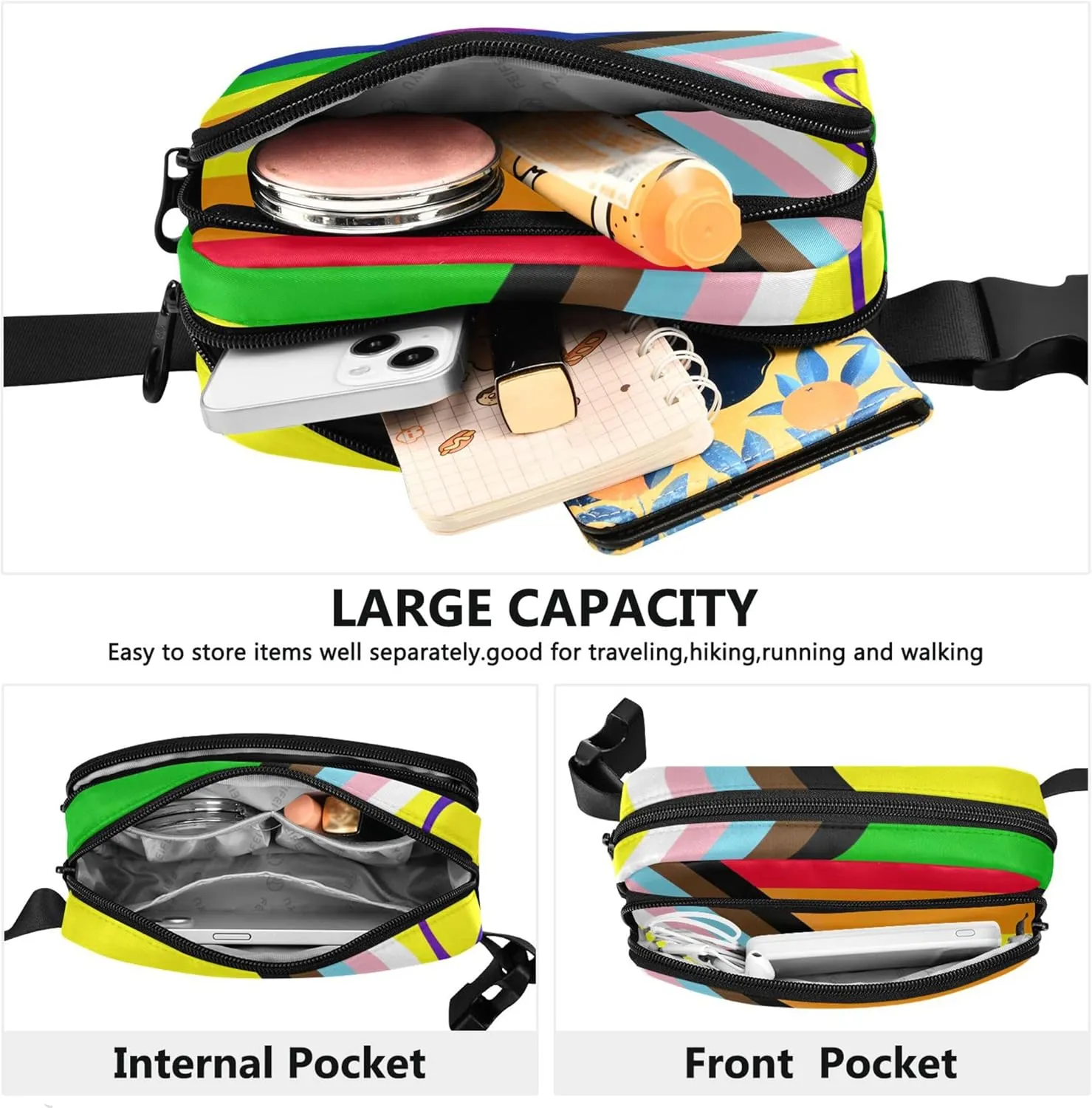 LGBT Pride Flag Rainbow Fanny Packs for Women Colorful Large Hip Belt Bag Waterproof Waist Bag for Women