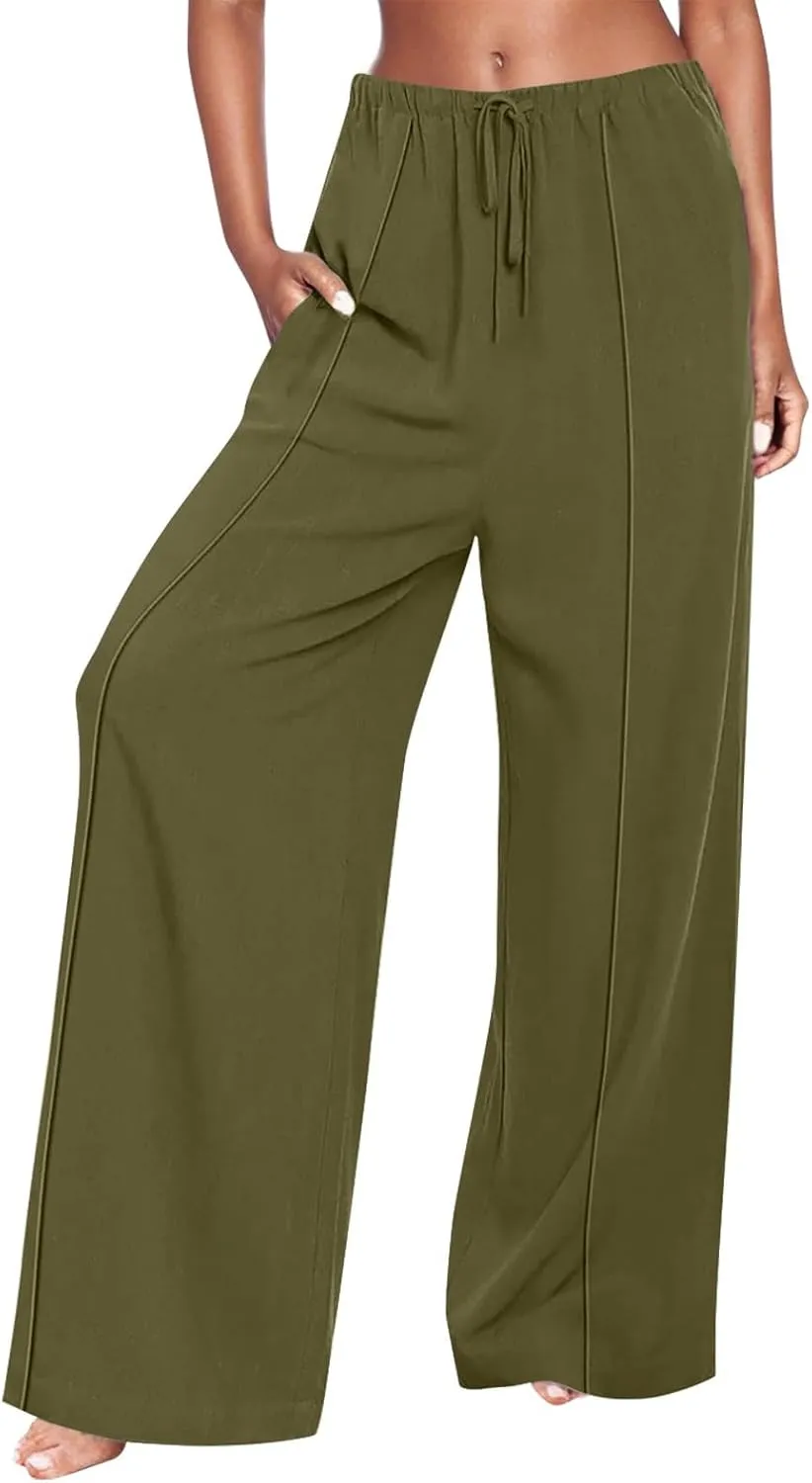 Linen Drawstring Pants Women Beach Vacation Outfits 2025 Solid Resort Pants with Pockets Spring Lightweight Flowy Sweatpants
