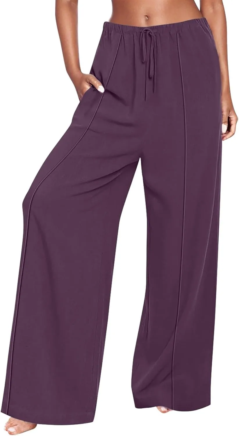 Linen Drawstring Pants Women Beach Vacation Outfits 2025 Solid Resort Pants with Pockets Spring Lightweight Flowy Sweatpants
