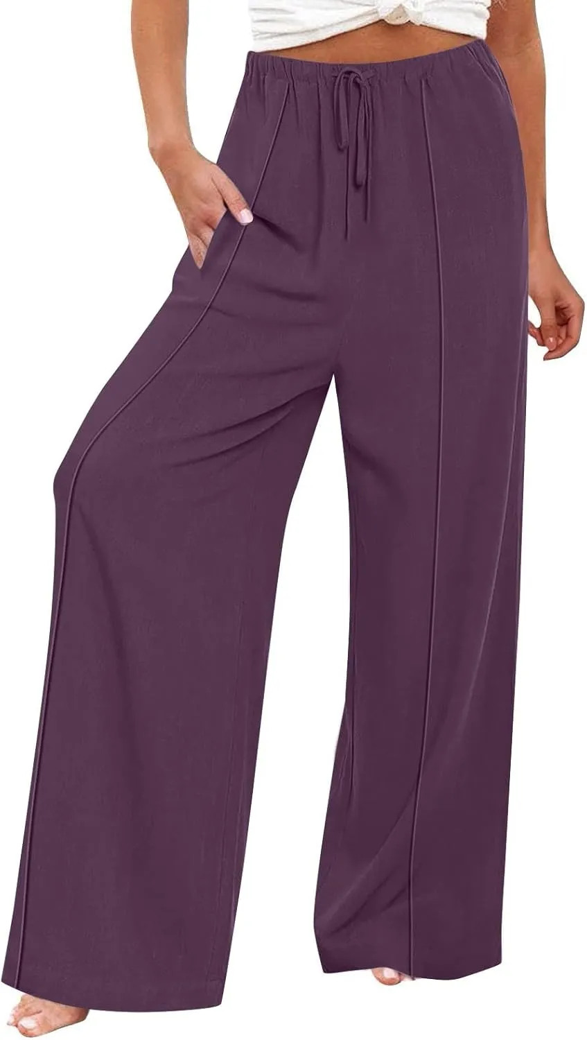Linen Drawstring Pants Women Beach Vacation Outfits 2025 Solid Resort Pants with Pockets Spring Lightweight Flowy Sweatpants