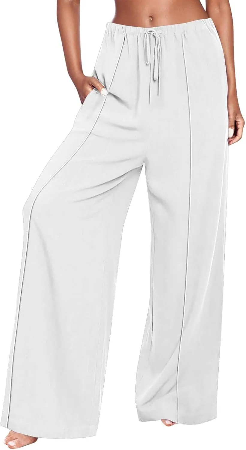 Linen Drawstring Pants Women Beach Vacation Outfits 2025 Solid Resort Pants with Pockets Spring Lightweight Flowy Sweatpants