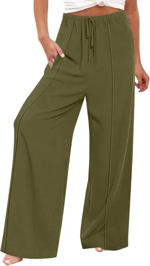 Linen Drawstring Pants Women Beach Vacation Outfits 2025 Solid Resort Pants with Pockets Spring Lightweight Flowy Sweatpants