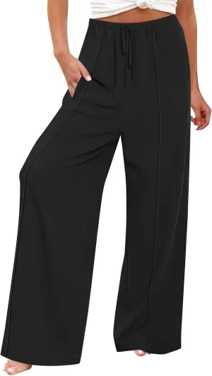 Linen Drawstring Pants Women Beach Vacation Outfits 2025 Solid Resort Pants with Pockets Spring Lightweight Flowy Sweatpants