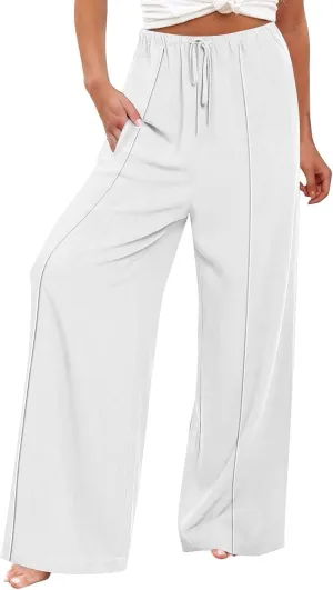 Linen Drawstring Pants Women Beach Vacation Outfits 2025 Solid Resort Pants with Pockets Spring Lightweight Flowy Sweatpants