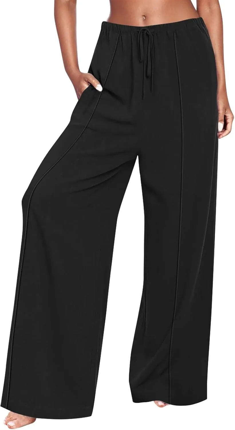 Linen Drawstring Pants Women Beach Vacation Outfits 2025 Solid Resort Pants with Pockets Spring Lightweight Flowy Sweatpants