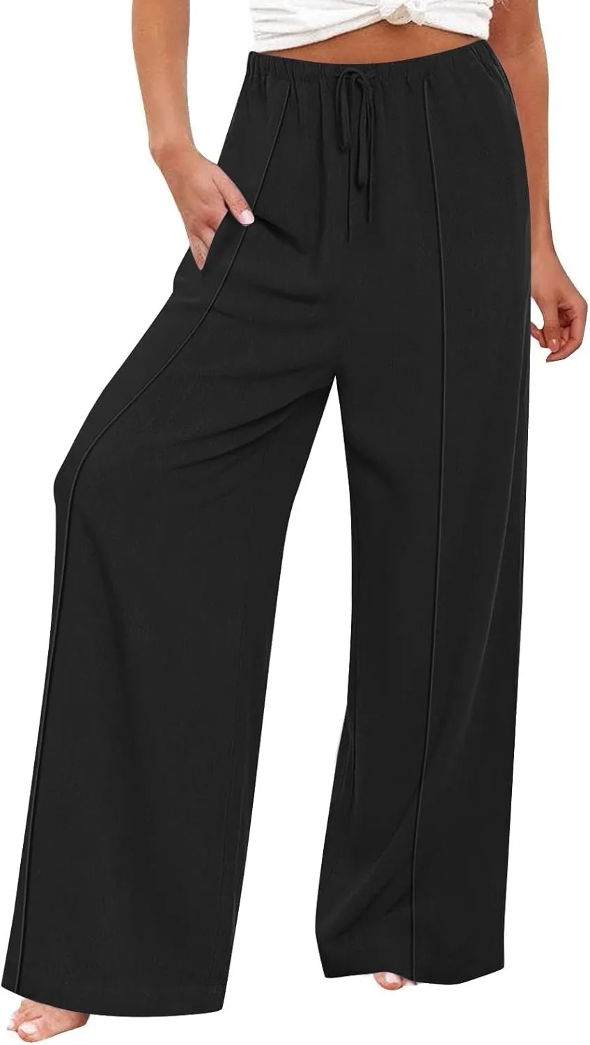 Linen Drawstring Pants Women Beach Vacation Outfits 2025 Solid Resort Pants with Pockets Spring Lightweight Flowy Sweatpants