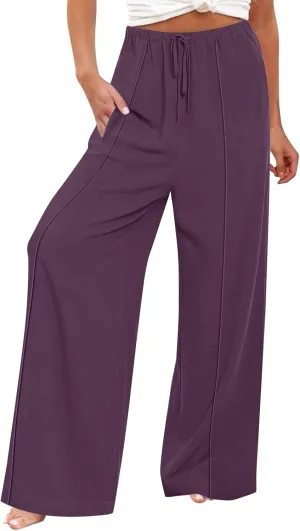 Linen Drawstring Pants Women Beach Vacation Outfits 2025 Solid Resort Pants with Pockets Spring Lightweight Flowy Sweatpants