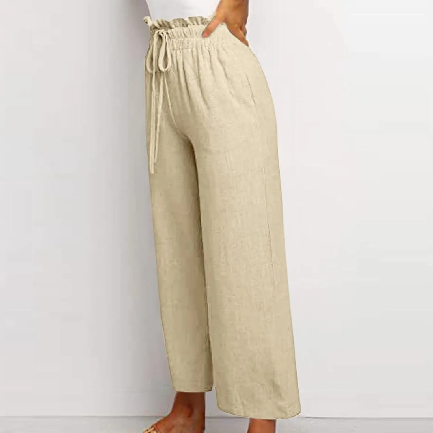 Linen Pants Women Casual High Waist Drawstring Straight Wide Leg Pants Boho Cropped Baggy Palazzo Pant 2025
