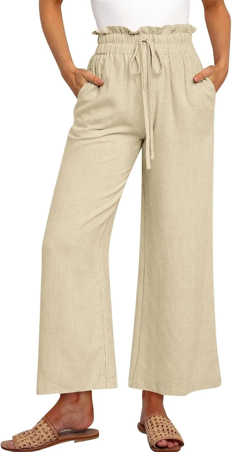 Linen Pants Women Casual High Waist Drawstring Straight Wide Leg Pants Boho Cropped Baggy Palazzo Pant 2025