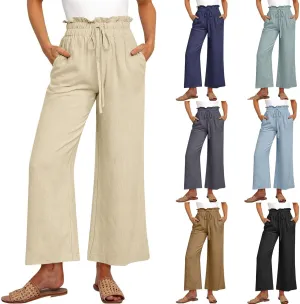 Linen Pants Women Casual High Waist Drawstring Straight Wide Leg Pants Boho Cropped Baggy Palazzo Pant 2025