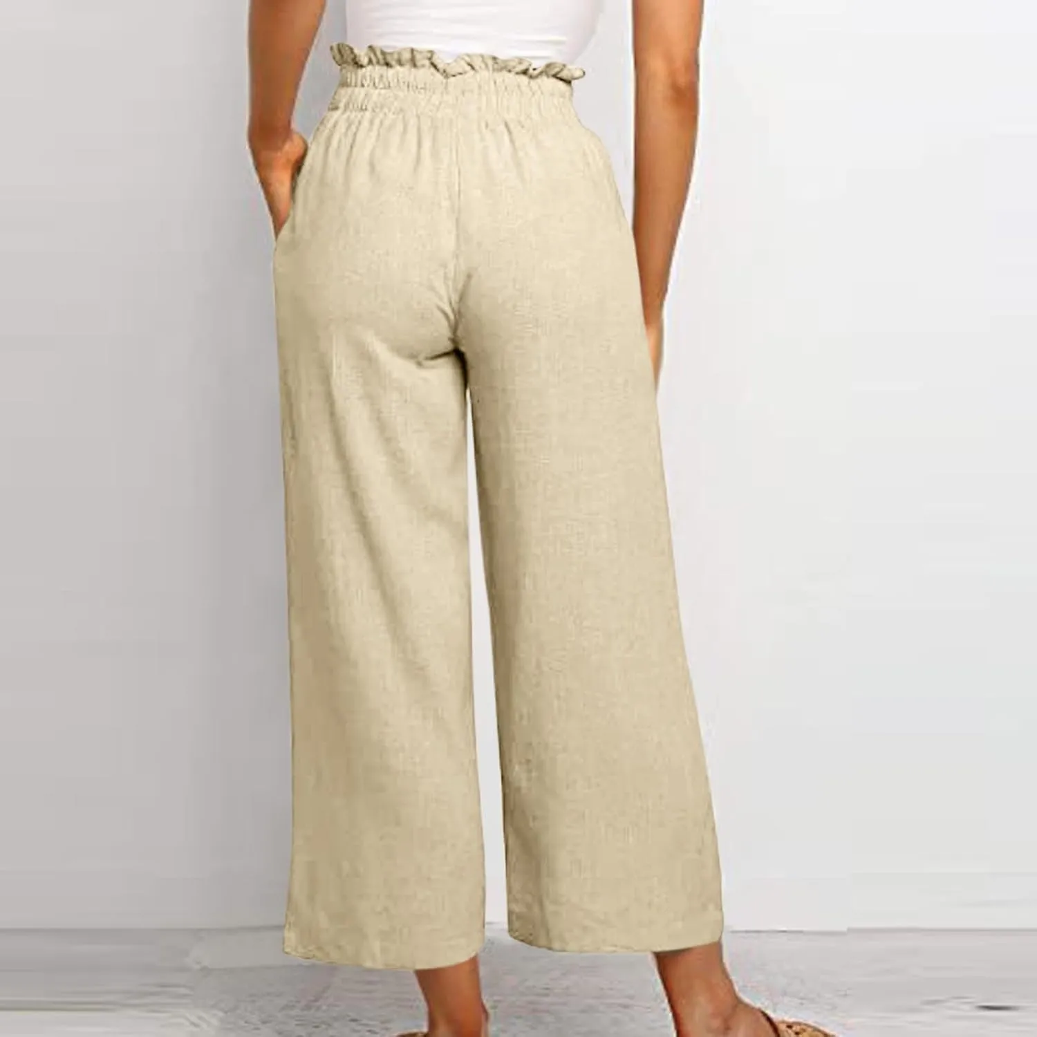 Linen Pants Women Casual High Waist Drawstring Straight Wide Leg Pants Boho Cropped Baggy Palazzo Pant 2025