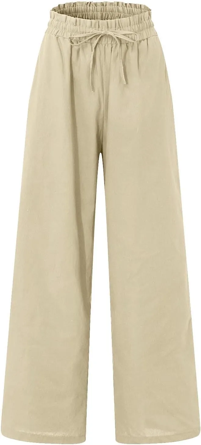 Linen Pants Women Casual High Waist Drawstring Straight Wide Leg Pants Boho Cropped Baggy Palazzo Pant 2025