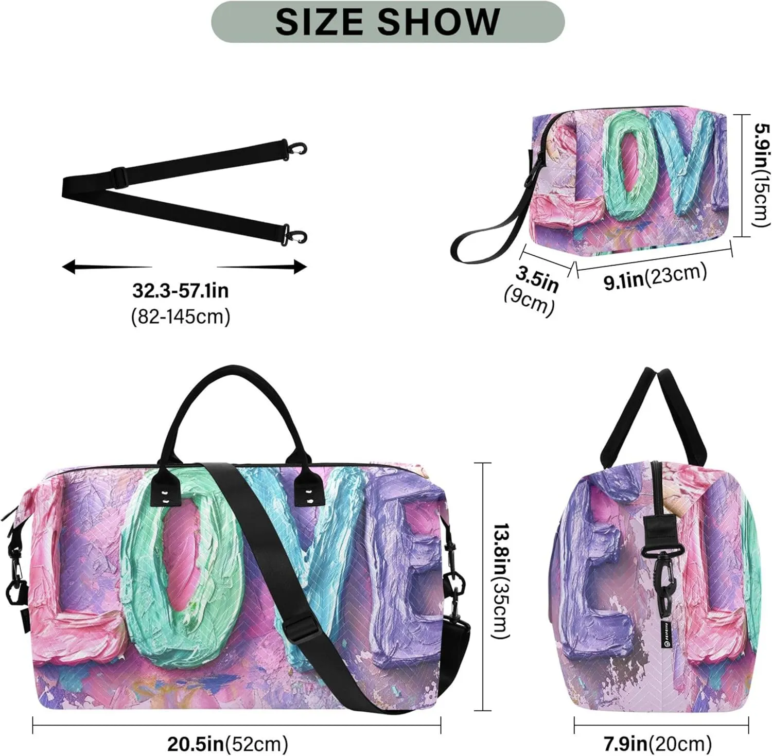 LOVE Word Valentines Pastel Colorful Duffle Travel Bag Makeup Bag Set of 2, Animal Floral Women Gym Bag Small Weekender Travel Bag