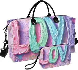 LOVE Word Valentines Pastel Colorful Duffle Travel Bag Makeup Bag Set of 2, Animal Floral Women Gym Bag Small Weekender Travel Bag
