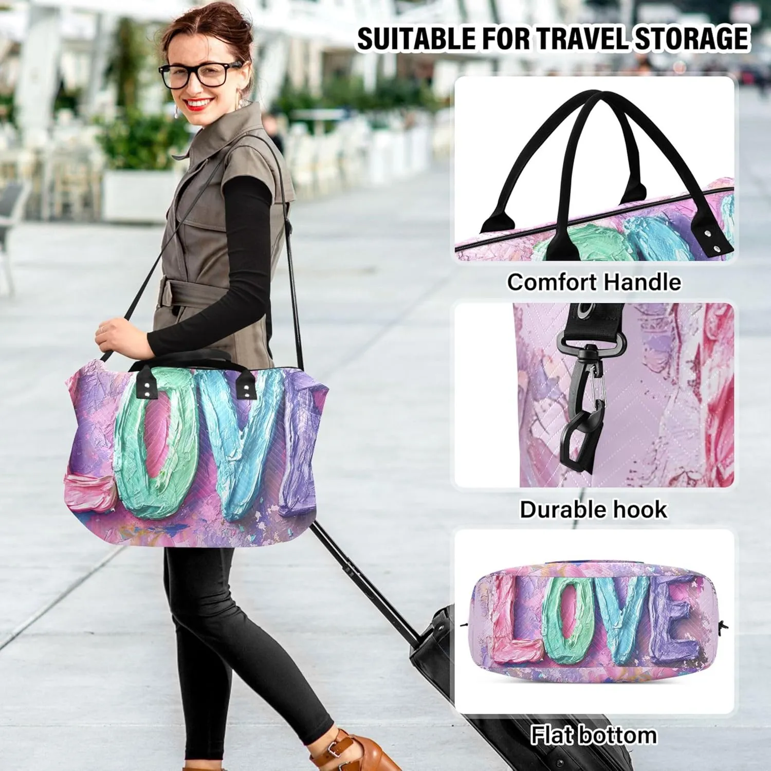 LOVE Word Valentines Pastel Colorful Duffle Travel Bag Makeup Bag Set of 2, Animal Floral Women Gym Bag Small Weekender Travel Bag