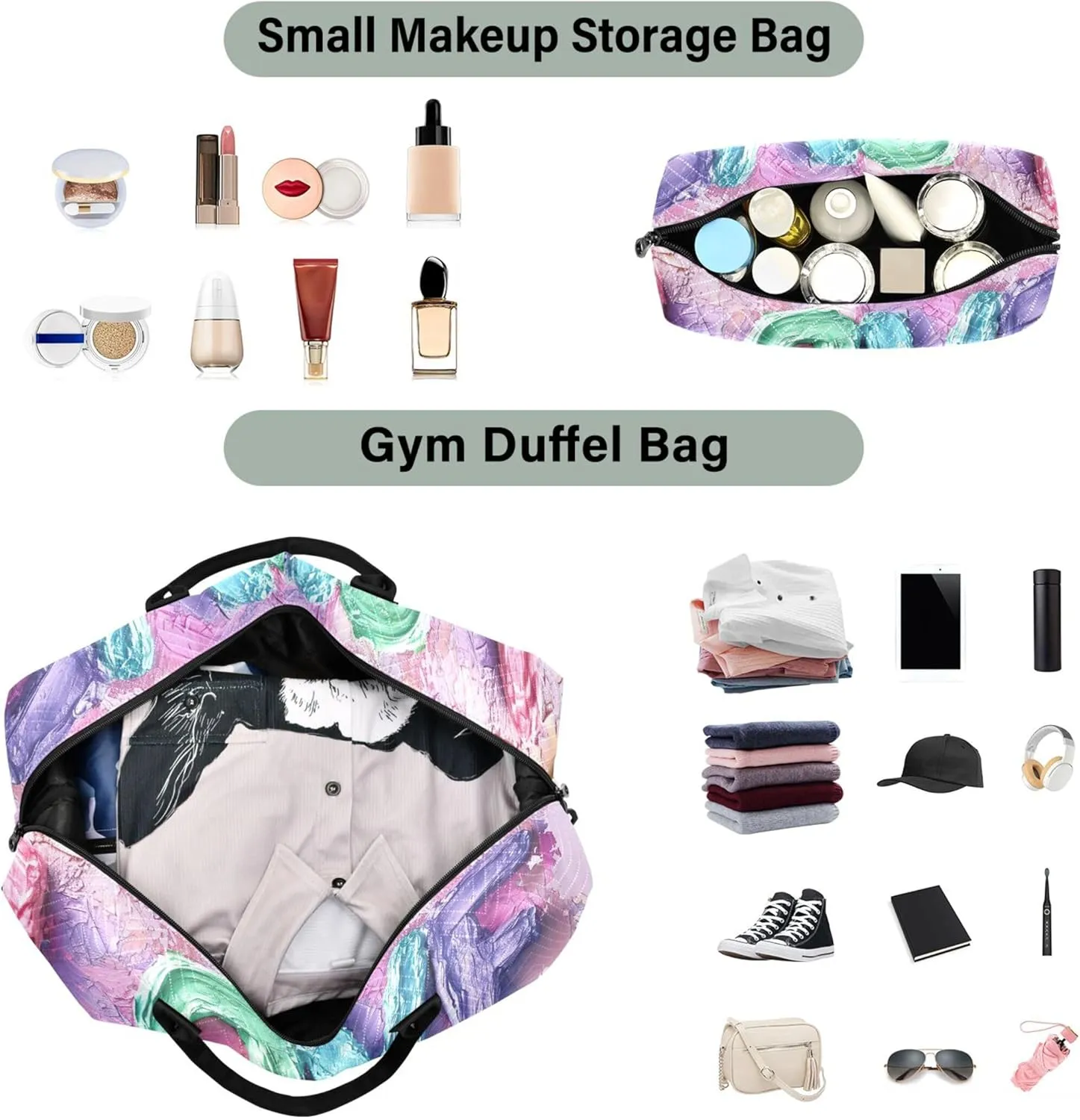 LOVE Word Valentines Pastel Colorful Duffle Travel Bag Makeup Bag Set of 2, Animal Floral Women Gym Bag Small Weekender Travel Bag